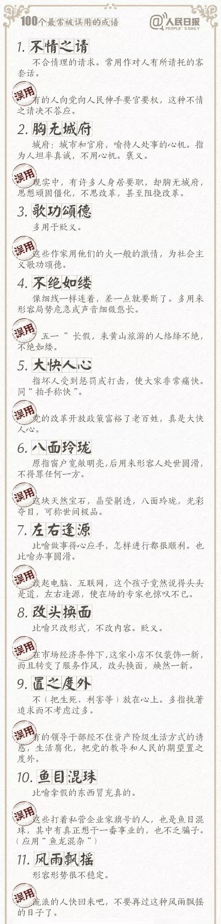 人民日?qǐng)?bào)總結(jié)了100個(gè)最常被誤用的成語(yǔ)，給孩子看看，別再用錯(cuò)了！
